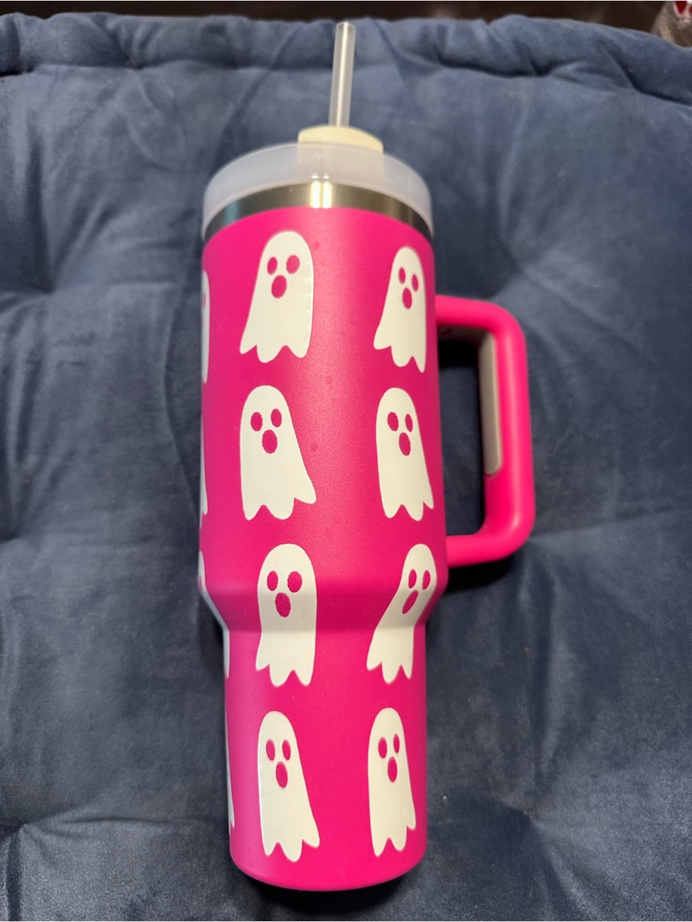 Pink Ghost Pattern Insulated Travel Tumbler with Handle